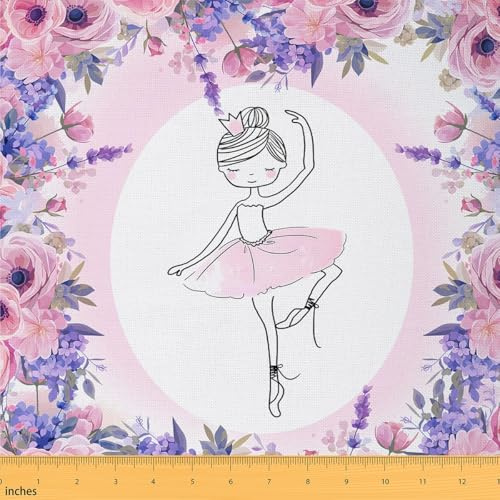 Homemissing Ballet Dancer Fabric by The Yard 1 Yard (L92*W150cm) for Kids Girls Ballerina Upholstery Fabric Gymnastics Lovers Floral Print Kawaii Pink for DIY Projiect