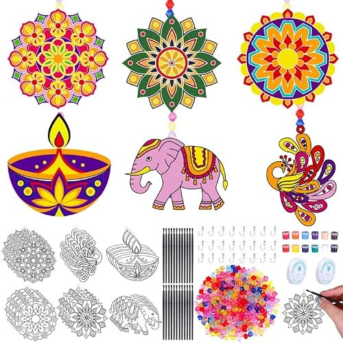 ULELE 24 Sets Happy Diwali Suncatcher Art Craft Kit Diwali Suncatchers Decoration DIY Window Paint Art Suncatchers Kits Festival of Lights Paint Art Ornaments Decoration for Kids Classroom Party Gift