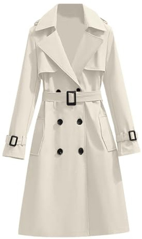 Puramala Damen Trenchcoat Mit Gürtel - Klassischer Zweireiher Mantel Mit Reverskragen | Eleganter Übergangsmantel Für Frühling Und Herbst