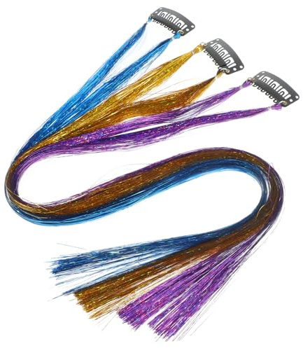 SMASOLO 6pcs Glitter Hair Tinsel Strands Extensions for Party Highlights Fairy Braiding with Gold Purple Blue