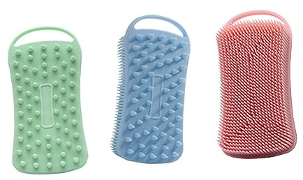 COLLBATH 3pcs Double-Sided Silicone Bath Skin Brushes for Body and Hair Washing Compact Shower Scrubber in Green Blue Pink for Gentle Full-Body Cleaning