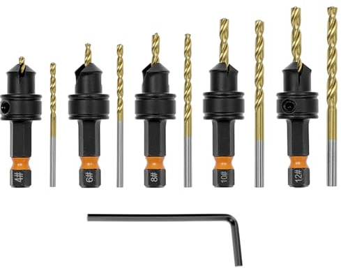 QWORK® Juego de Brocas Avellanadas Ajustables de 10 Piezas (#4/6/8/10/12) para Carpintería, Acero de Alta Velocidad 4241 Recubierto de Titanio