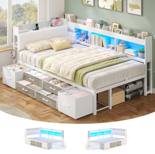 AOGLLATI Polsterbett Schlafsofa 90x200 mit Stauraum Kinderbett mit 6 Staufächern & 6 Schubladen Jugendbett mit LED-Beleuchtung & Ladestation,Tagesbett mit Gepolstertem Kopfteil(Weiß, 90x200cm)