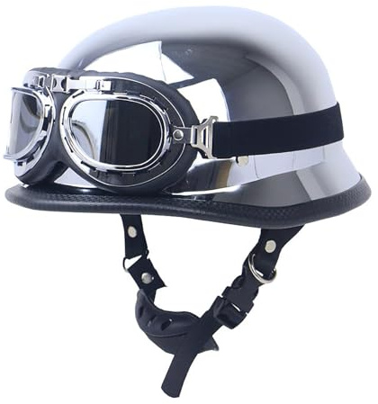 Casco Da Moto Vintage A Mezza Calotta Con Occhiali, Casco Da Moto A Mezza Calotta Per Scooter, Ciclomotore, Cruiser, Chopper, Unisex, Omologato ECE 2205 Per Uso Stradale. 1,L(59-60CM)