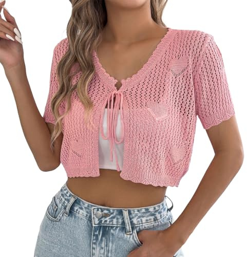 Cache Maillot Femme Cardigan Léger Kimono Plage Crochet Liens à Nouer Manches Courtes Court Tricot Doux Respirant Printemps Été Plage Vacances Sortie Bureau Détente Tenue