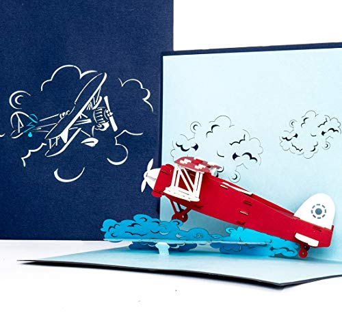 3D Pop Up Karte Flugzeug - Geburtstagskarte, Geschenk & Einladung zum Geburtstag - Flugzeugkarte mit 3D Modell Propeller-Flugzeug als Gutschein, Geschenkidee & Geschenkverpackung zur Flugreise