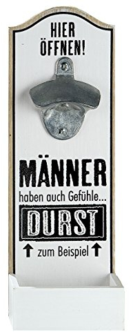 1 x Wand-Flaschenöffner MDF Metallöffner, Kronkorkensammler weiß/schwarz Höhe 30 cm, Wanddeko (Männer haben auch Gefühle...)