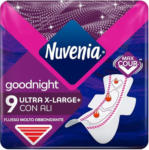 Nuvenia, Assorbente Ultra Notte con Ali XL, Assorbenti per Flusso Molto Abbondante, Confezione da 9 Assorbenti