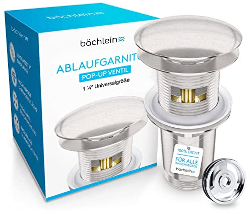 Bächlein Universal Ablaufgarnitur mit Überlauf (Gebürsteter Edelstahl) - Pop Up Ventil für Waschbecken und Waschtisch – Ablaufventil Abflussgarnitur aus Messing mit Einbauanleitung