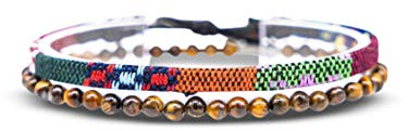 Made by Nami 2-Pack Surfararmband för Dam & Herr – 100% Vattentåliga & Handgjorda – Bohemiskt Tygarmband med Pärlor – Sommar Smycken (Etnisk & Tigeröga)