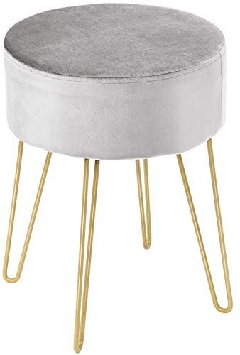 DREAMADE Samthocker Sitzhocker rund, Schminkhocker mit stabilen goldenen Metallfüßen, Fußhocker Samtstuhl Gepolsterter Hocker für Wohnzimmer & Schlafzimmer (Hellgrau)
