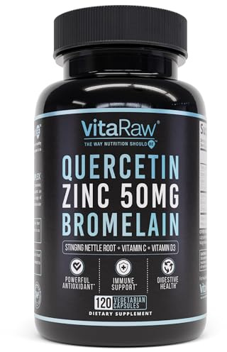 VitaRaw Quercetin with Bromelain 500mg Capsules, Supports Immune Response, Joint Comfort, & Overall Wellness - Vitamin C, Zinc 50mg, & Vitamin D3 5000 IU - Immunity Health Pills
