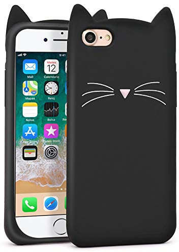 LUIKE iPhone SE 2020 Hülle, Schwarz Schnurrbart Katzenohren Kitty Lustige Mode 3D Cartoon Tiere Weiche Silikon Stoßfeste Hülle