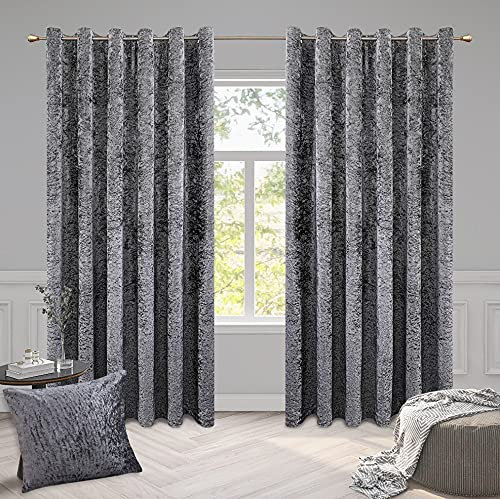 ROOEE Luxury Crushed Velvet Curtains PAIR Fully Lined Eyelet Ring Top For Bedroom, Living Room, Kitchen, Office (Charcoal, 46 Wide x 54 Drop)