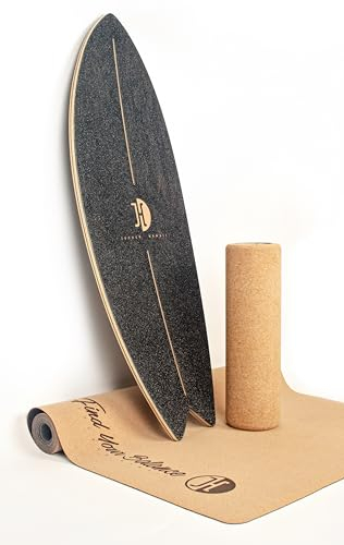 JUCKER HAWAII Balanceboard Ocean Rocker Black - Geschwungenes Indoor Surf Balance Board mit Rocker Shape - Balanceboard und Trickboard mit Korkrolle und Matte