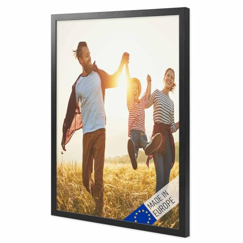 PHOTOLINI Bilderrahmen Holz A3 30x42 Schwarz, Holzbilderrahmen DIN A3 Made in EU, bruchsicheres Acrylglas, zum Aufhängen, extra Zubehör - für Ihre liebsten Fotos & Bilder