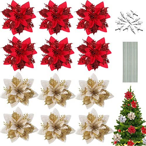 12 Stück Weihnachten Funkeln Weihnachtsstern Blumen, Glitzer Deko Weihnachtsblumen mit Clips + Vorbauten, Glitzer Weihnachtsblume Hochzeit Weihnachtsbaum Weihnachtstürkranz (Gold+Rot)