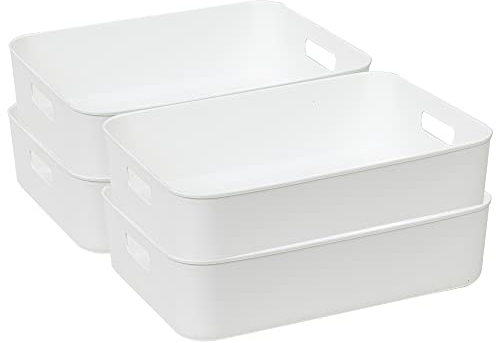 Cetomo 5L*4 Panier de Rangement, Boîte de Rangement Ouverte en Plastique, Conteneurs pour Étagères, Organisateurs avec Poignées pour Bureau, Comptoirs, Armoires, PP, Blanc, 5L-Lot de 4 (28.5*22*9cm)