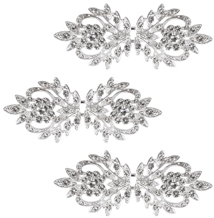 WANDIC Umhang-Verschluss, 3 Paar, 7 cm, weiße Clips mit Strass, Vintage-Umhang, zum Aufnähen, Haken und Ösen, Cardigan-Clips für Kleidung, Pullover, Schal (Benötigt zum Nähen)