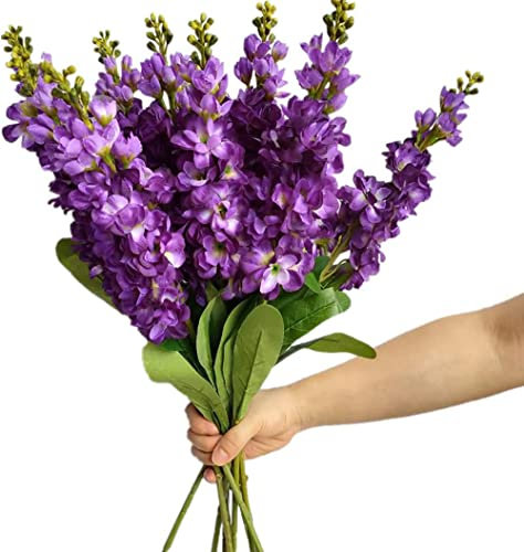 forestmistry 10pcs Artificial Larkspur Flower Branch Faux Delphinium Ajacis Branch with Green Lead for Wedding Centerpieces Floral Decoration (purple)