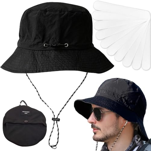 BDSHUNBF Sonnenhut Herren Damen, mit Anti-Schmutz-Aufkleber, UV Schutz Safari Sommerhut Bucket Hat, Faltbar Outdoor Safari Hut, Breite Krempe Wanderhut, Boonie hat für Gartenarbeit Wandern(Schwarz)