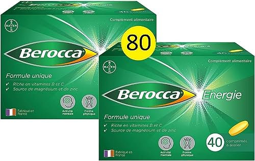 Berocca® Energie - Complément alimentaire - Multivitamines et Minéraux - Vitamine C, B3, B5, B1, B12, Calcium, Magnésium et Zinc - Aide à réduire la fatigue grâce à la vitamine C - 2x40 cps à avaler
