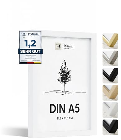 Heimlich® - Cornice per foto - A5 14,8x21 cm, Legno di Ayous, Bianco - Cornice per collage di poster di diploma con copertura in foglio di plastica - Montaggio a parete o esposizione da tavolo