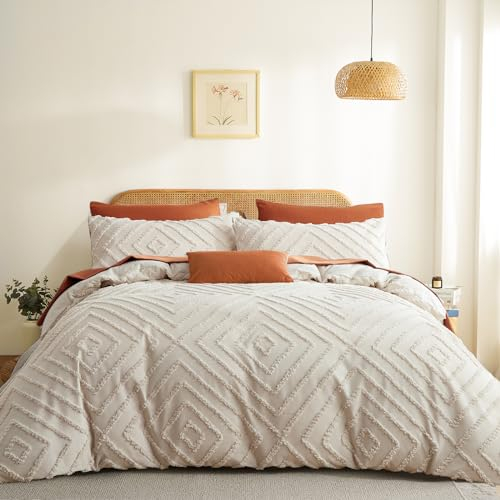 Freyamy Bettwäsche 220x240 3teilig Getuftet Handgefertigt Geometrisch Bettbezüge Khaki Vintage Wendebettwäsche Boho Stil Gewaschene Mikrofaser Uni Bettbezug mit Reißverschluss + 2 Kissenbezüge 80x80