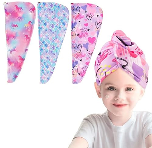FANTESI 3 Pack Kids Hair Wrap Towel,Microfibre Hair Towel,Hair Towel Turban | Hair Towel Wrap;Unicorn Mermaid Heart Pattern;Microfibre Hair Towels;Rapid Drying Hair Towel Turban;for Girls Women