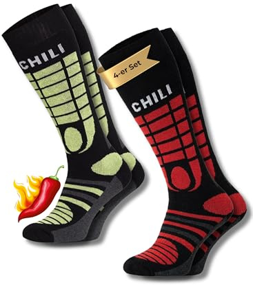 ChiliLifestyle Lot de 4 paires de chaussettes de ski pour elle et lui, chaussettes d'hiver, pour le ski et le snowboard, taille 43-46, Yeon/Red, 43-46
