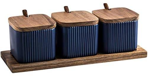 soulnioi Blue Ceramic Combination Seasoning Jar in 3,Square Seasoning Jar With Spoon,Ceramic Spice Jar With Wood Lid Salt Container Sugar Bowl