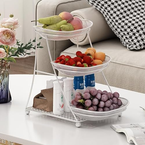 JUNYFFF Tiered Fruit Basket – 33X28x23cm – Modern Fruit Bowl Large 3 Tier – Fruit Basket Etagere in Metal for Keeping Fruit, Vegetables And Bread,White