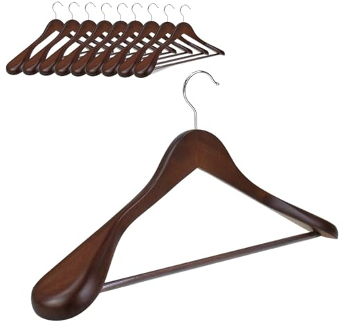Hangerman 10pcs Perchas de Madera Perchas con Barra de Pantalones Antideslizante Naturaleza Perchas para Abrigos,Trajes(10pcs Perchas con Hombros Extra Anchos) ，Nogal