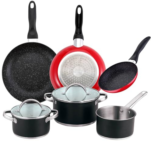 Batería de cocina 5 piezas: Ø16 Ø20 y Ø24 cm en acero inoxidable con tapas + Juego de sartenes Ø16 Ø20 Ø24 aluminio prensado, inducción