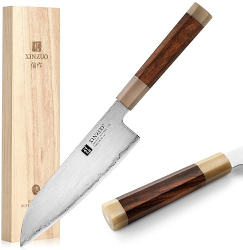 XINZUO 18.3cm Couteau Santoku de Cuisine Professionnel Tranchant Poudre d'Acier Japonais ZDP-189 Couteau de Chef, 3 Couches Acier Composé Couteau à Légumes -Poignée en Bois de Fer du Désert