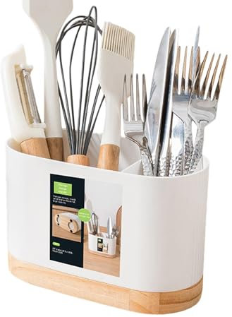 Cutlery Storage Drainer Rack - Wooden Base Kitchen Utensil Holder for Home, Bar, Cafe, Restaurant