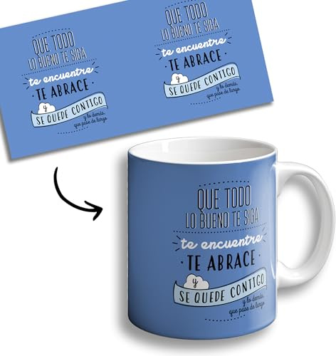 OOPS Taza Con Frases Motivacionales Que Todo Lo Bueno Te Siga, Te Encuentre y Abraza - 350 ml - Azul