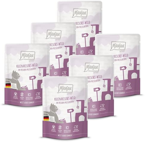 MjAMjAM - Premium Nassfutter für Katzen - Quetschie - kulinarisches Wild an frischen Preiselbeeren, 6er Pack (6x300g), getreidefrei