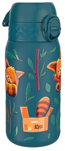Ion8 Lightweight Steel Kids Water Bottle, 400ml/13oz, Non-Insulated, Leak Proof, Easy to Open, Secure Lock, Dishwasher Safe, Fits Cup Holders, Carry Handle, Metal Water Bottle, Teal, Red Pandas