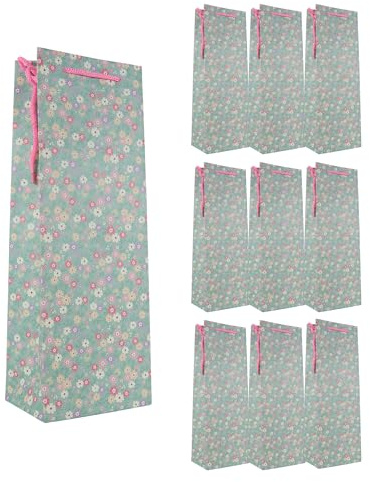 Idena 90233 - Sacs à bouteilles fleurs, 10 pièces, sacs cadeaux de taille 12 x 10 x 35 cm, sacs en papier vert avec fleurs multicolores
