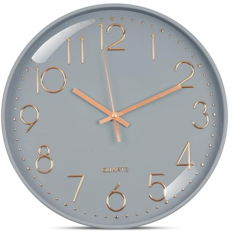 Aolso 30 cm (12 pollici) Orologio da Parete Moderno Silenzioso,Orologio da Muro al Quarzo Circolare Facile Lettura,Movimento al Quarzo per Camera da Letto, Soggiorno, Cucina, Ufficio-Grigio + Oro Rosa