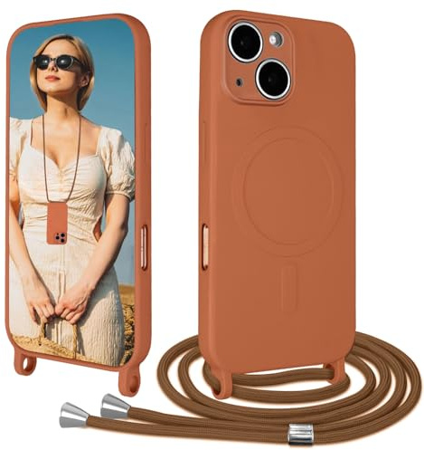 Galful Handykette Handyhülle für iPhone 13/iPhone 14 Hülle Magnetisch mit Band Kette Dünn TPU Silikon Case Necklace Schutzhülle mit Abnehmbar Handyband zum umhangen Stoßfest Cover-Braun