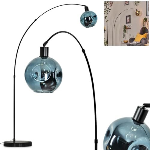 HOFSTEIN Stehleuchte Ripoll, Stehlampe mit Marmorfuß aus Metall/Glas in Schwarz/Blau, verstellbare Leuchte im Retro/Vintage-Design, Schirm Ø 20 cm, Fußschalter, E27, Wohnzimmer, Schlafzimmer, Büro