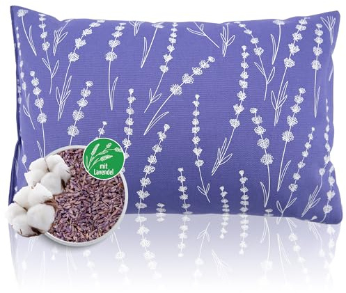 Herbalind Lavendelkissen 30x20 cm – Duftkissen mit echten Lavendelblüten und Schafschurwolle, Baumwollbezug in Lavender mit floralem Allover Muster – Dekokissen & Geschenkidee, Made in Germany