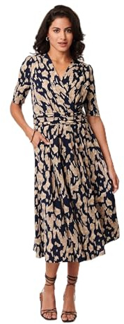 Izabel London Printed Ruched 1/2 Sleeve Midi Dress for Women UK with a v-Neck, Ruched Waist and Faux wrap Shape. Navy