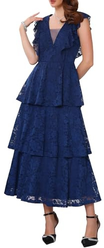 WOMLAYOUT Donna Abito Lungo in Pizzo per Invitati Matrimonio con Maniche a Palloncino e Scollo a V Blu M