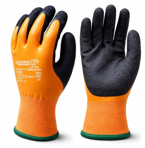 Supreme TTF Waterproof Thermal Work Gloves, Double Latex Coated, Orange-Black, Size 7, Nylon Knit Liner (Small [Size 7])