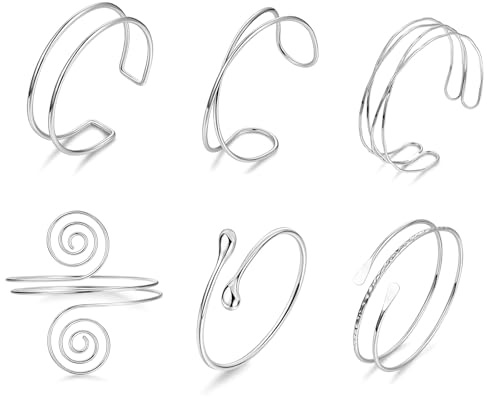 Kunaxku 6 Pièces Ensemble de Bracelets de Bras Réglables Bracelets Brassard en Métal bracelets de Minimalistes bracelet à Bras en Spirale Punk pour Les Femmes, Argent sterling 925