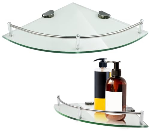 UKCOCO 2pcs Glass Bathroom Corner Shelf, Wall Mounted Adjustable Shower Bathroom Shelves with Rail, Stainless Steel Floating Shelves