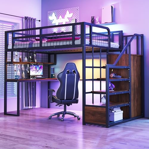 MOBETTRES Metall-Hochbett 140 x 200 cm Mit Aufbewahrungsleiter und Einfachem Kleiderschrank, Mit Ablage, Tisch und Netzregal. Stabiler Metallrahmen, Hochbett, Schwarz